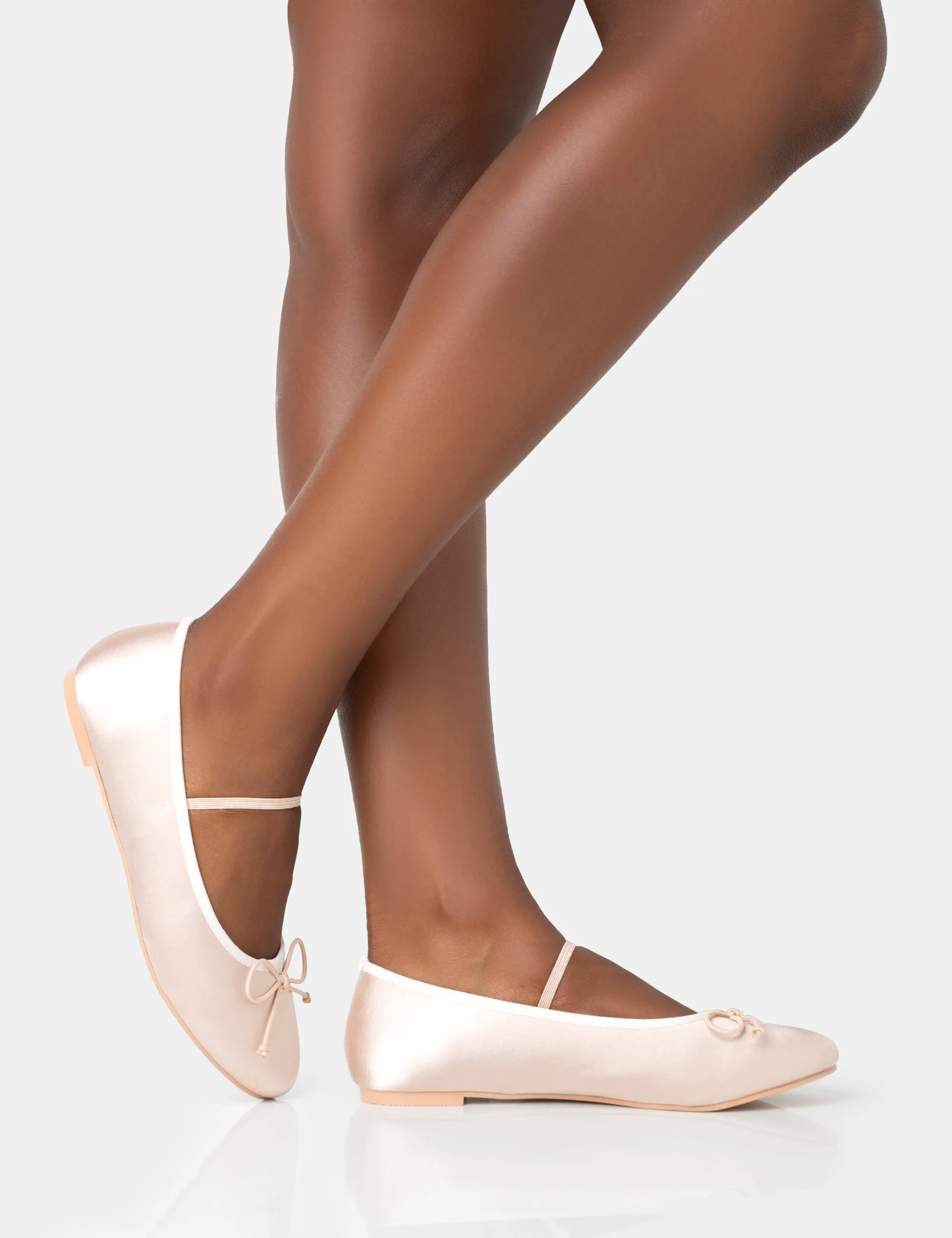 Alexa Baby Pink Satin Elasticated Bow Detailed Ballet Flats