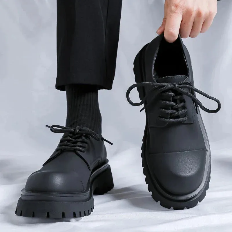 Amozae- Yangji Matt Black Toe Cap Chunky Derby Shoes