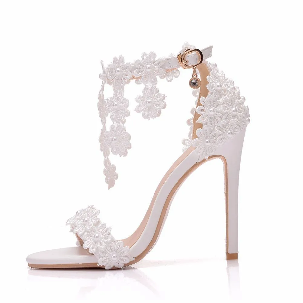 Ankle Strap White Lace Flowers Pearl Tassel Fine High Heels