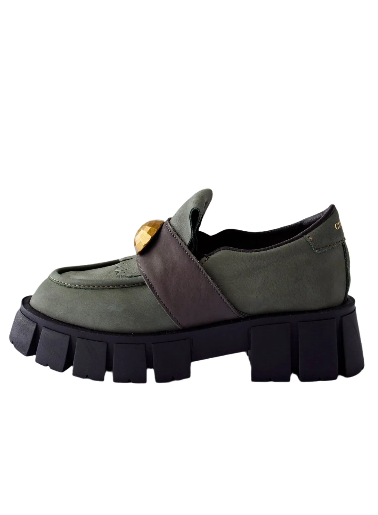 Chunky Suede Loafer with Gold | Olive Carbon