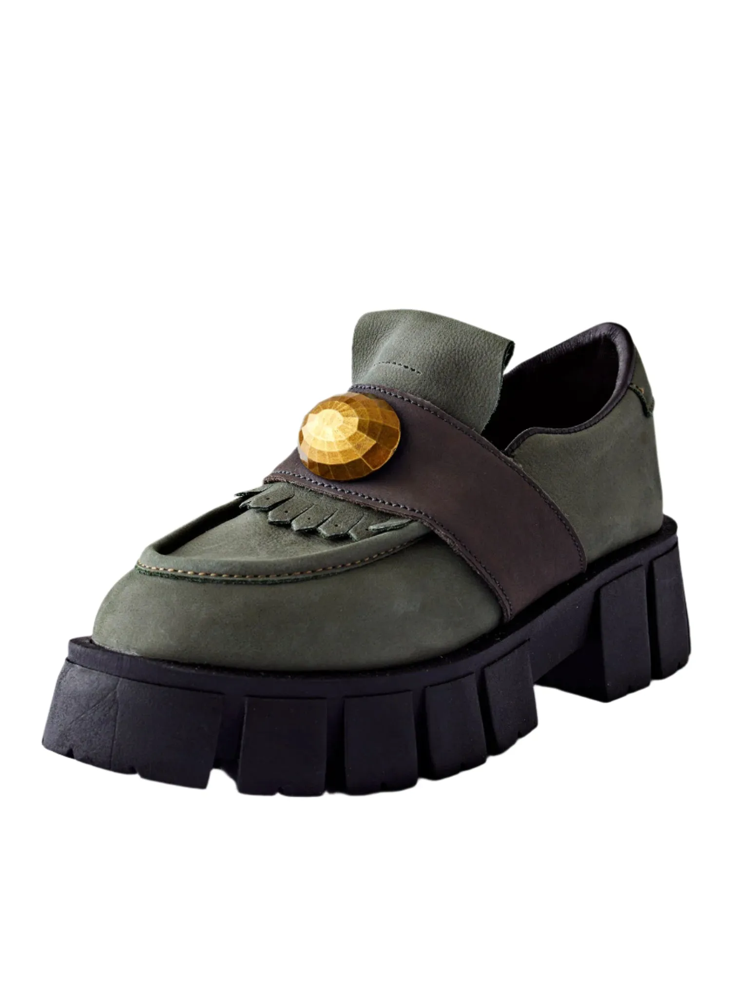 Chunky Suede Loafer with Gold | Olive Carbon