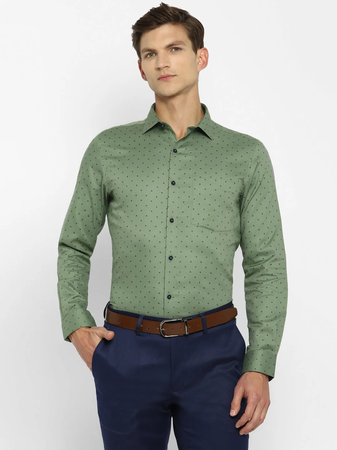 Cotton Green Printed Slim Fit Formal Shirt