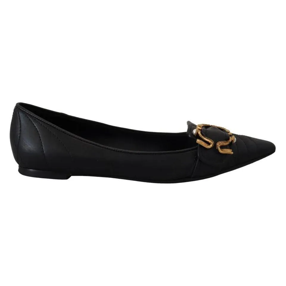 Dolce & Gabbana Black Devotion Leather Pointy Flats Shoes