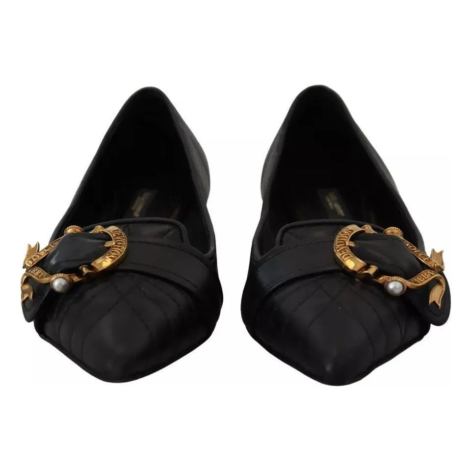 Dolce & Gabbana Black Devotion Leather Pointy Flats Shoes