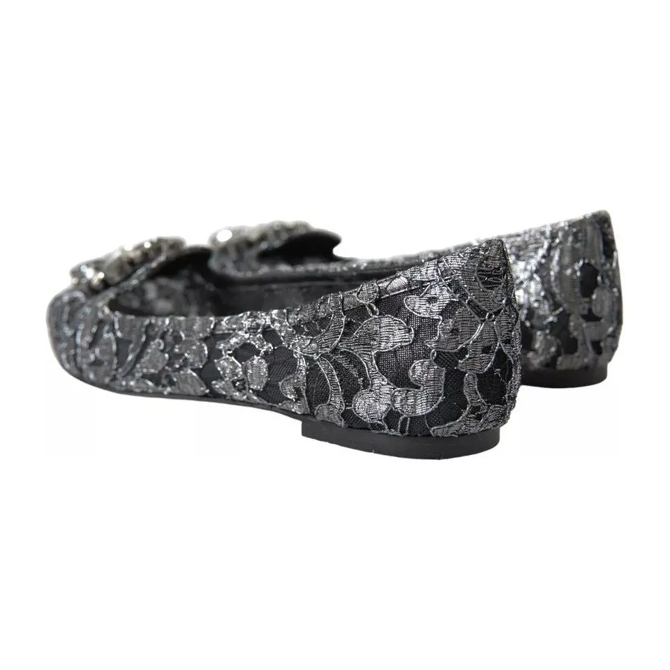 Dolce & Gabbana Gray Black Lace Crystal Ballet Loafers Shoes