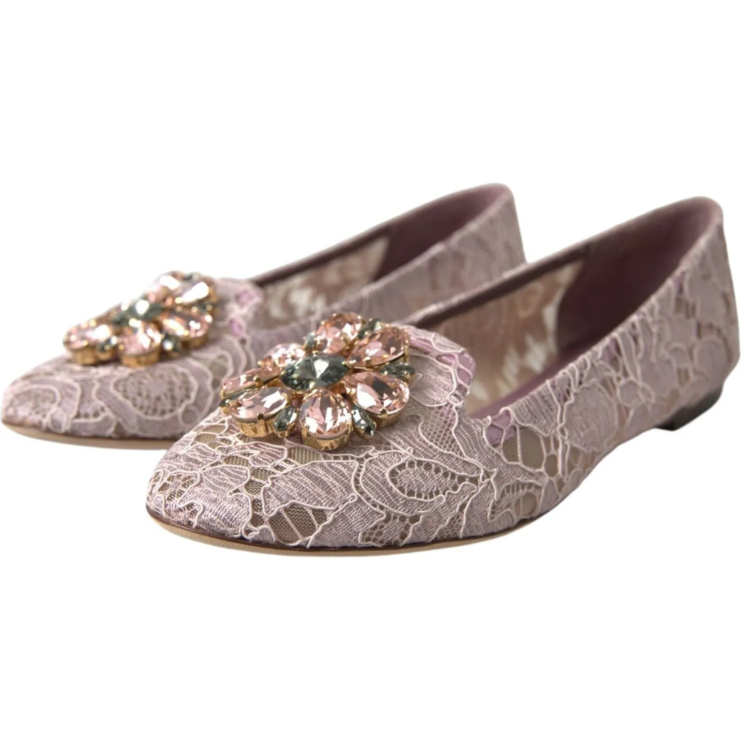 Dolce & Gabbana Pink Lace Crystal Ballet Flats Loafers Shoes