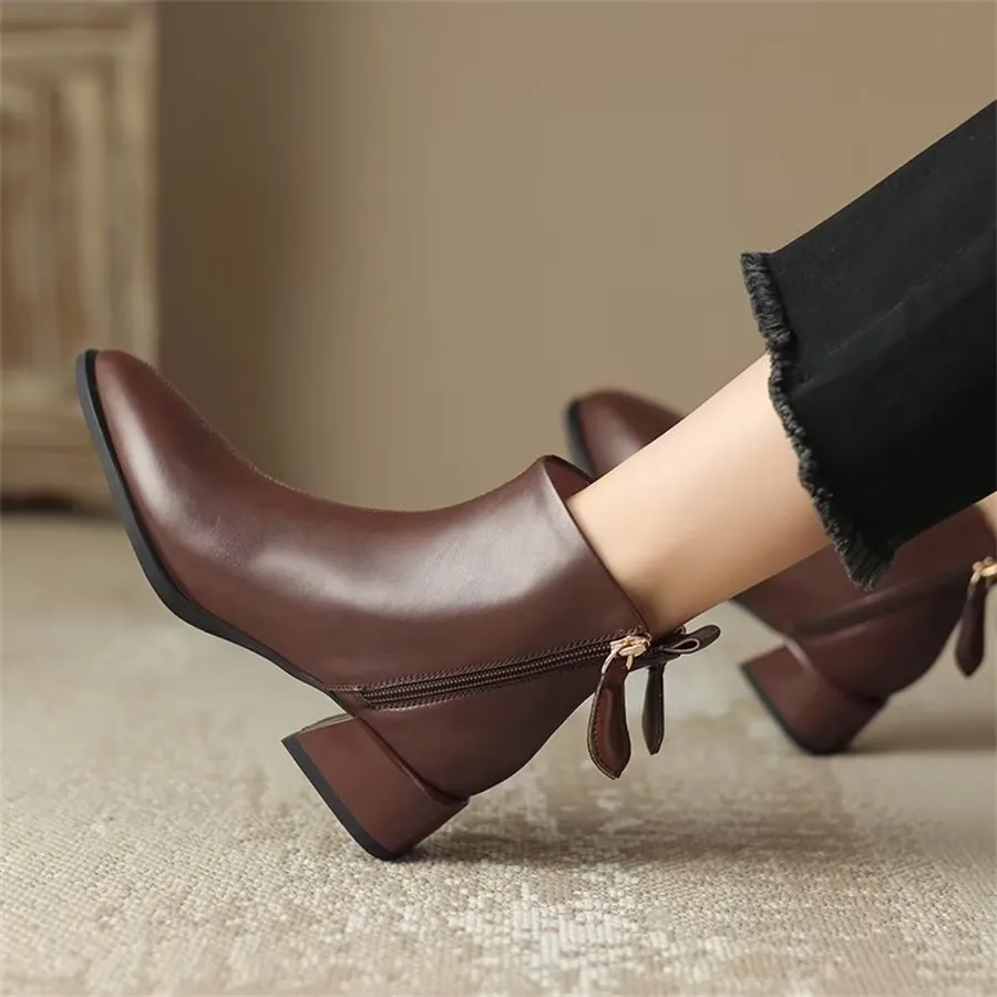 Elegant Cow Leather Pointed Toe Wedge Heel Boots