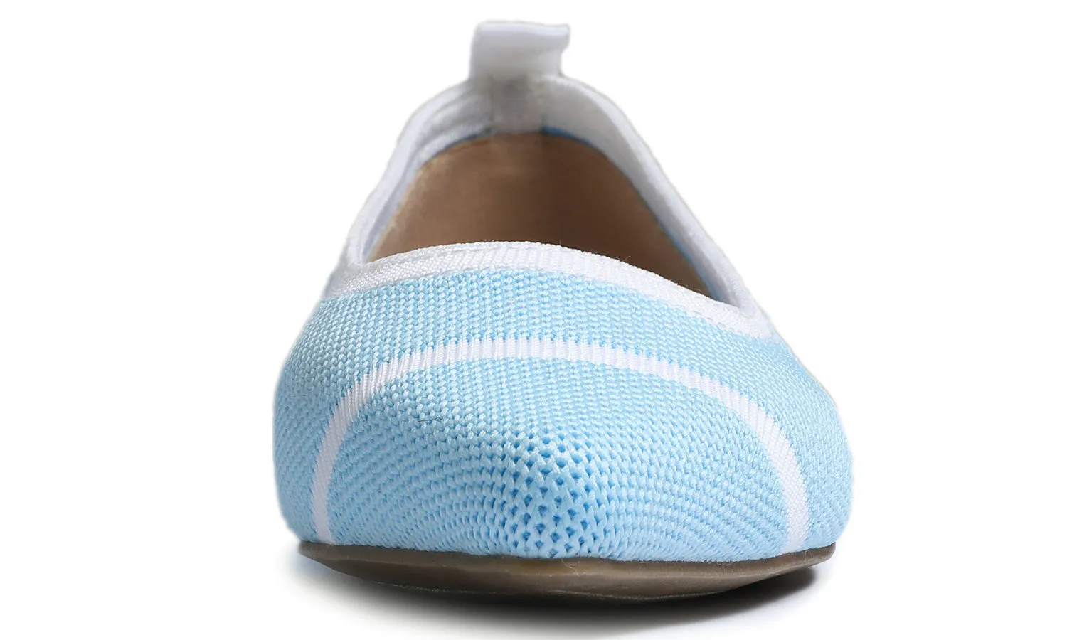 Feversole Women's Woven Fashion Breathable Knit Flat Shoes Pointed Light Blue White Stripe