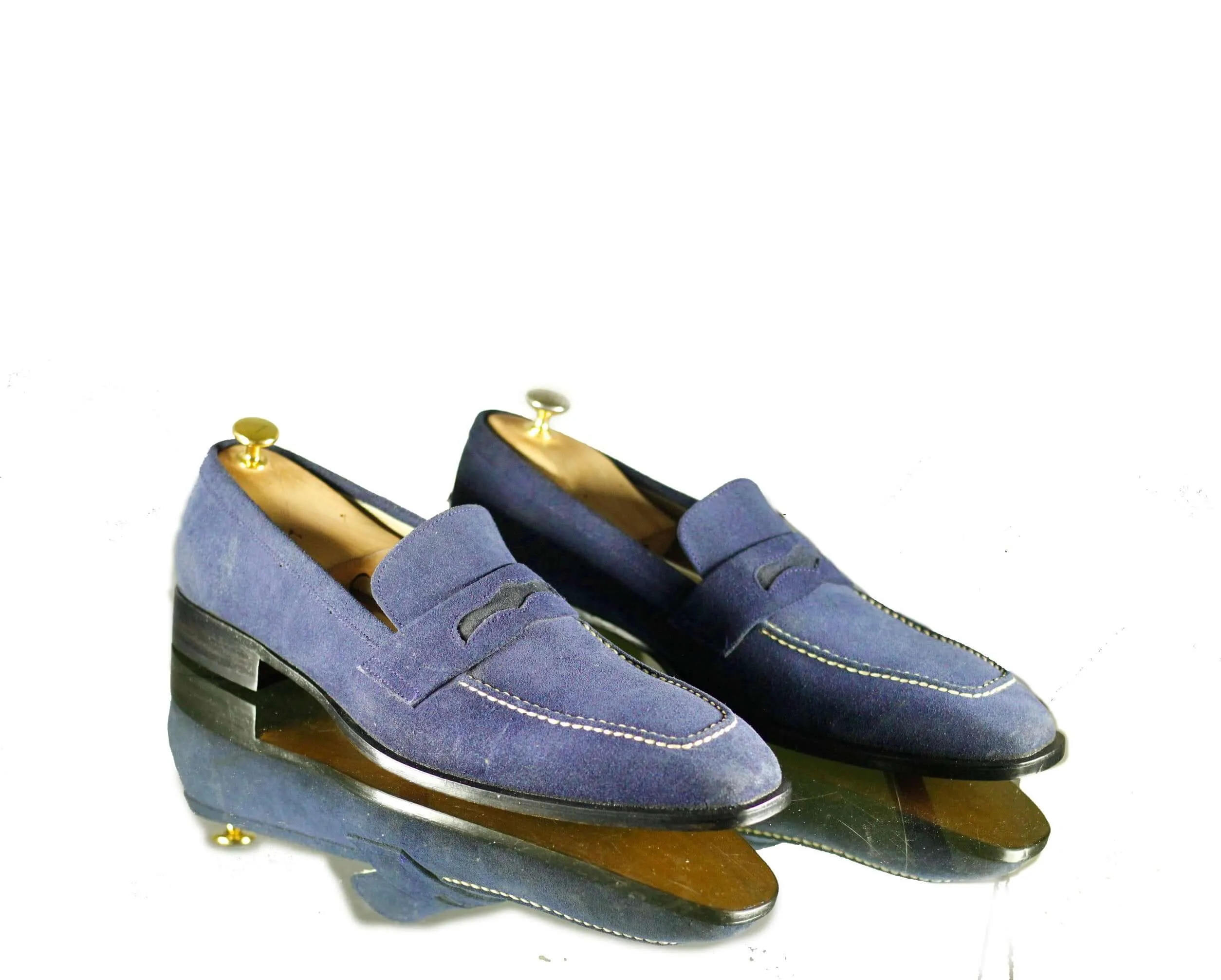 Handmade Blue Suede Penny Loafer Shoes,Men's Formal Shoes