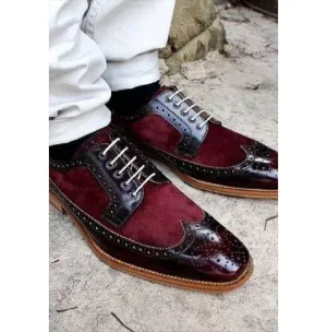 Handmade Burgundy Wing Tip Brogue Leather Suede Shoes,Oxford Men's Shoes