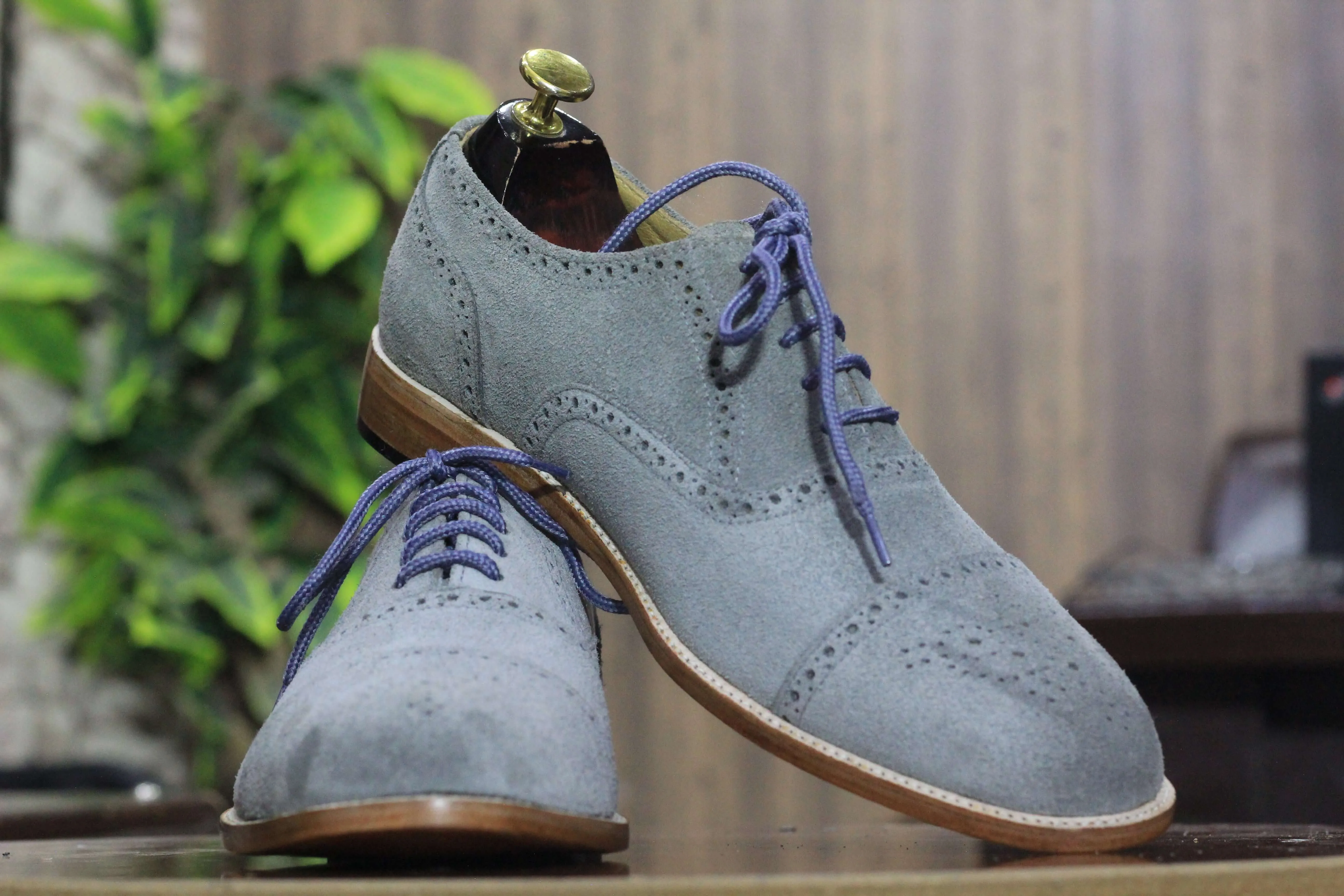 Handmade Grey Suede Shoes, Men's Cap Toe Style Oxford Shoes