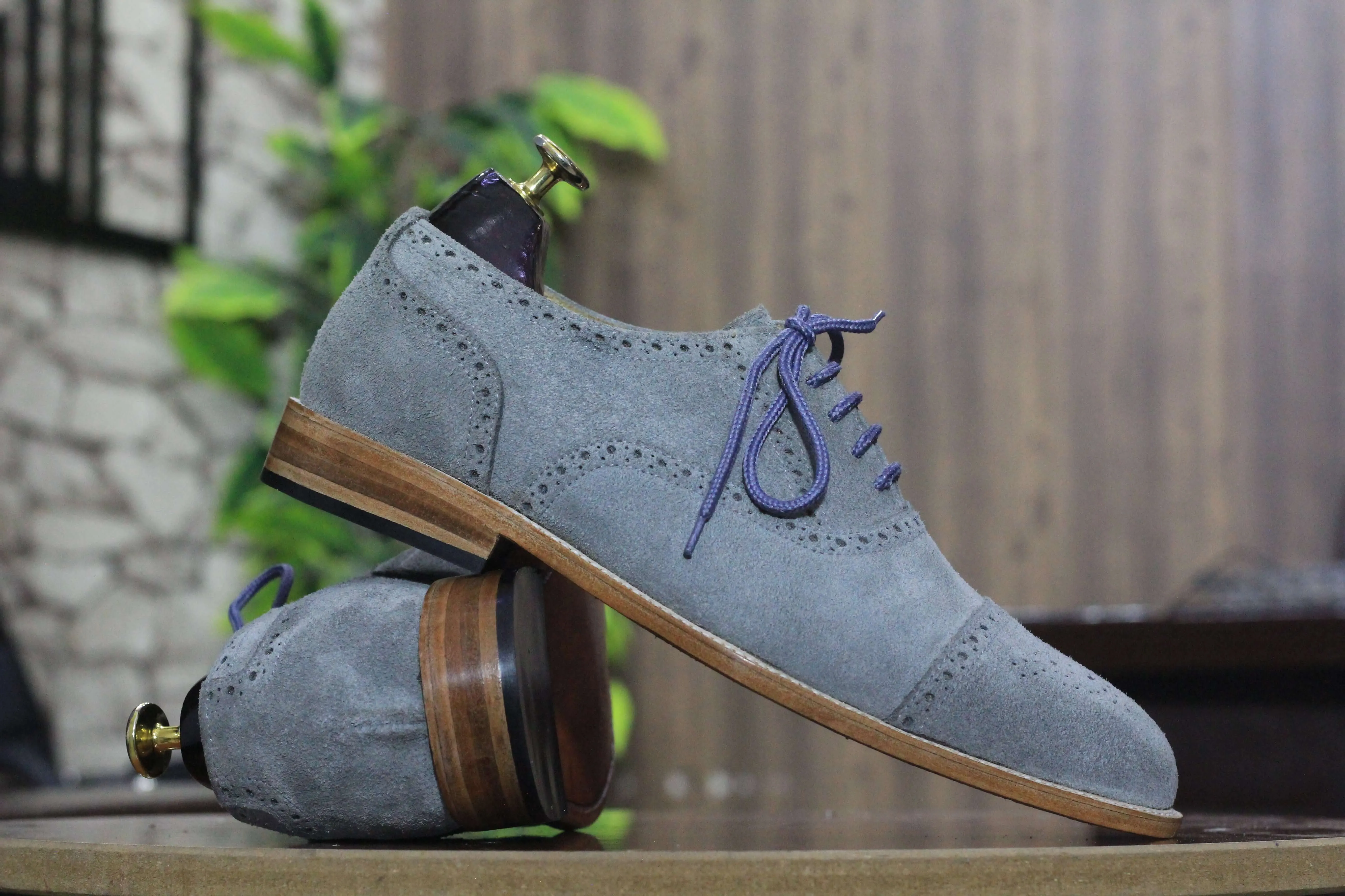 Handmade Grey Suede Shoes, Men's Cap Toe Style Oxford Shoes