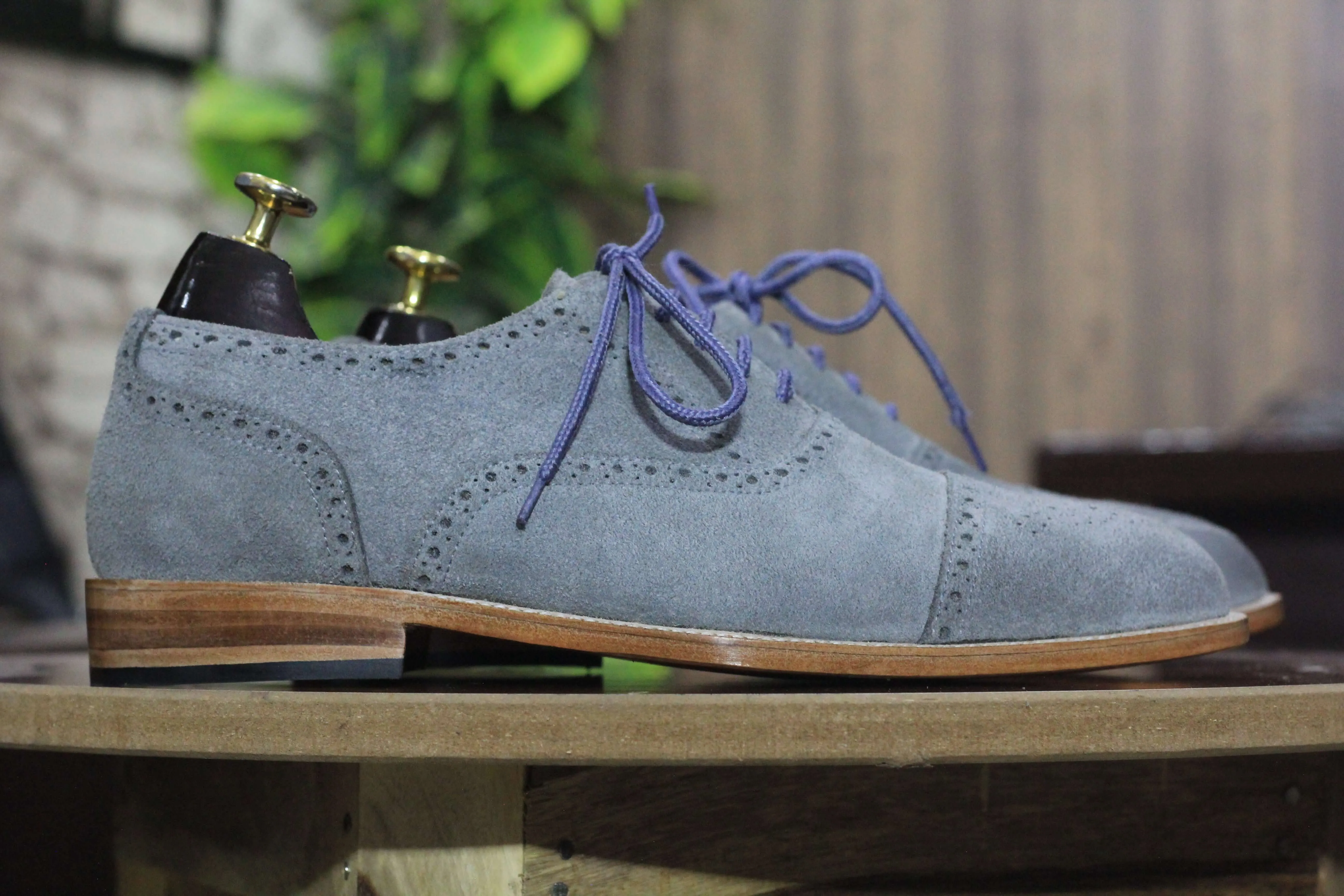 Handmade Grey Suede Shoes, Men's Cap Toe Style Oxford Shoes