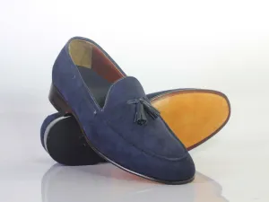 Handmade Men's Blue Color Suede Tassel Loafers, Men Designer Dress Formal Luxury Shoes