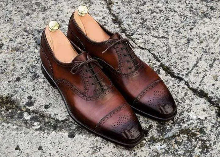 Handmade Men's Brown Black Leather Cap Toe Brogue Lace Up Shoe