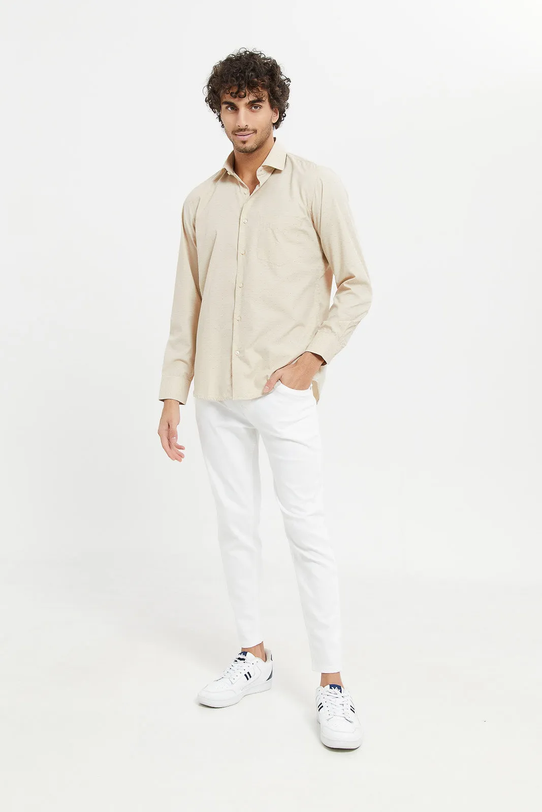 Men Beige Plain Formal Shirt