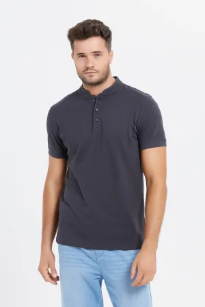 Men Charcoal Standup Collar Polo Shirt