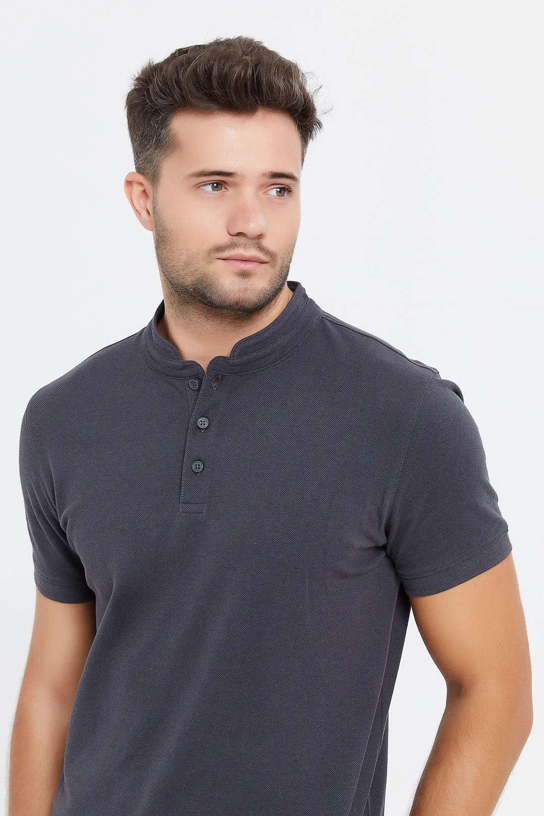 Men Charcoal Standup Collar Polo Shirt