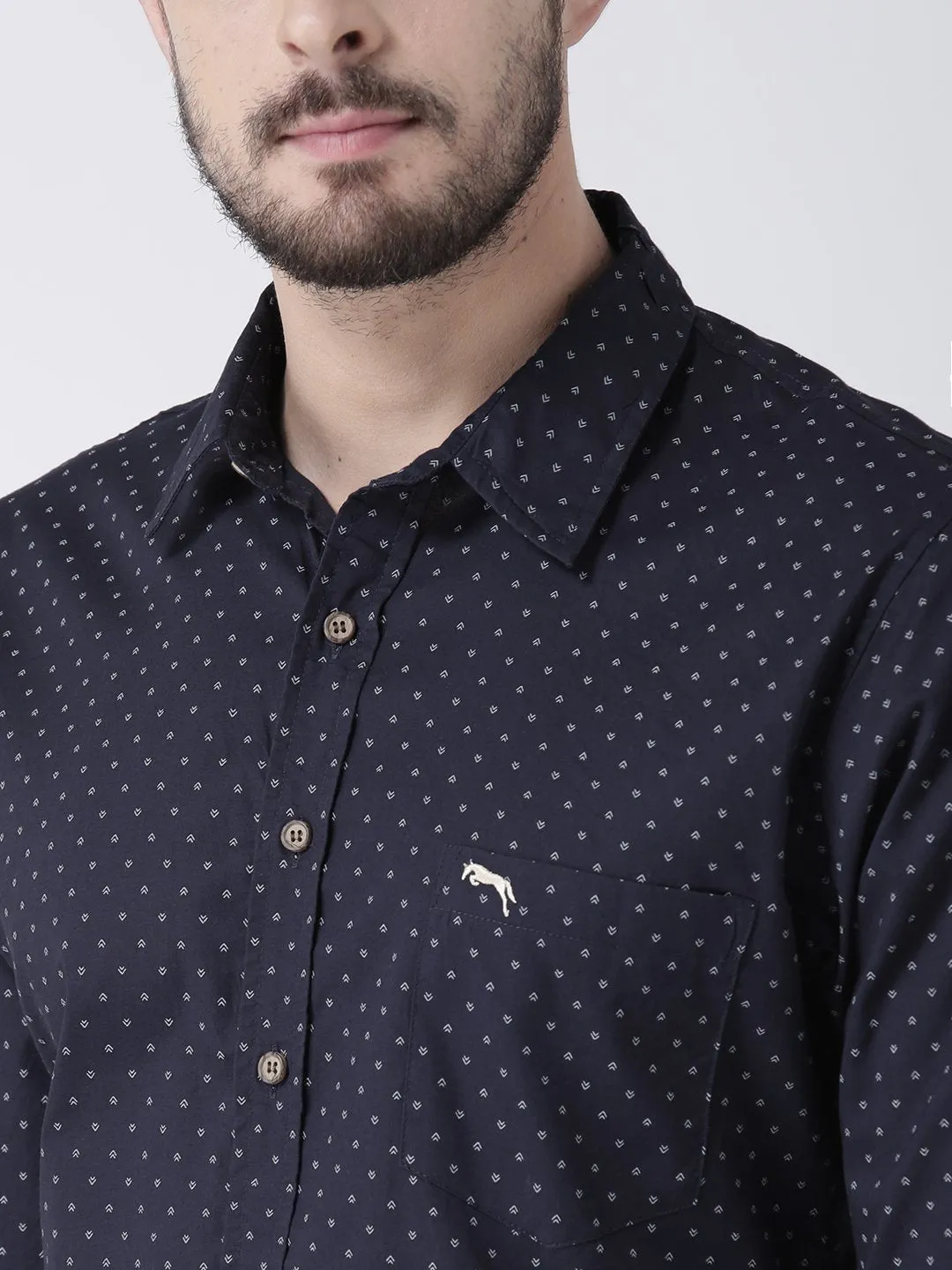 Men Navy Blue Printed Cotton Slim Fit Shirt