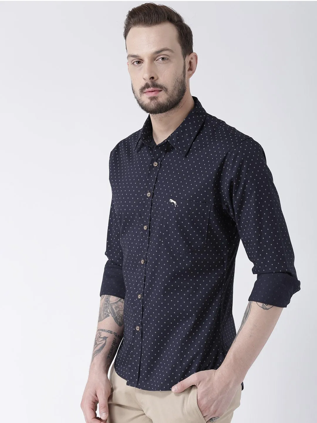 Men Navy Blue Printed Cotton Slim Fit Shirt