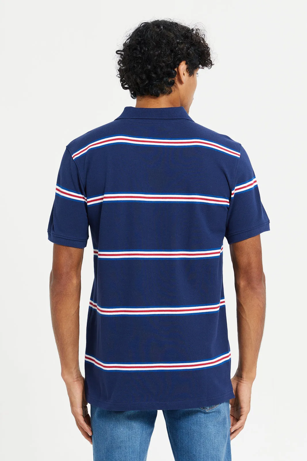 Men Navy Striped Polo Shirt