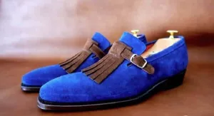 Men's Handmade Blue Suede Monk Shoes, Men Brown Monk Genuine Leather Shoes