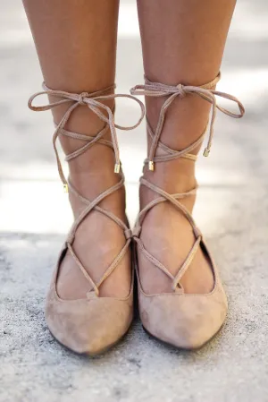 Natural Lace Up Ballet Flats