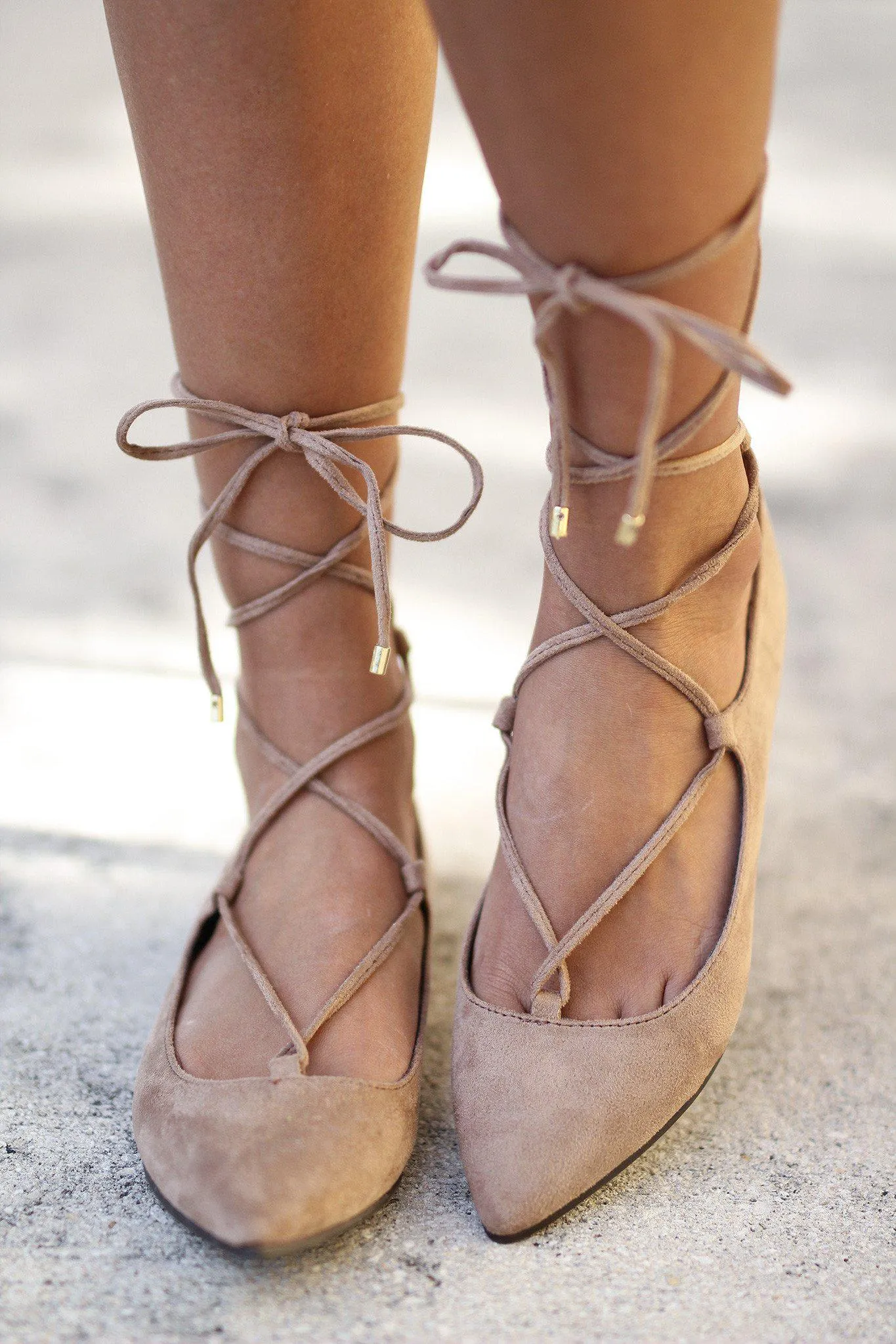 Natural Lace Up Ballet Flats