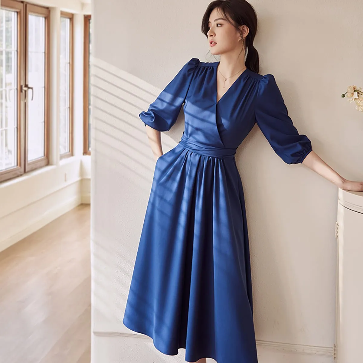 Puff Sleeve Navy Wrap Midi Dress