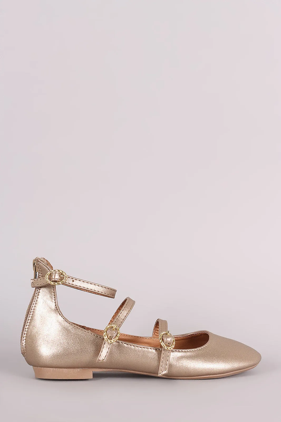 Qupid Metallic Triple Straps Mary Jane Ballet Flat