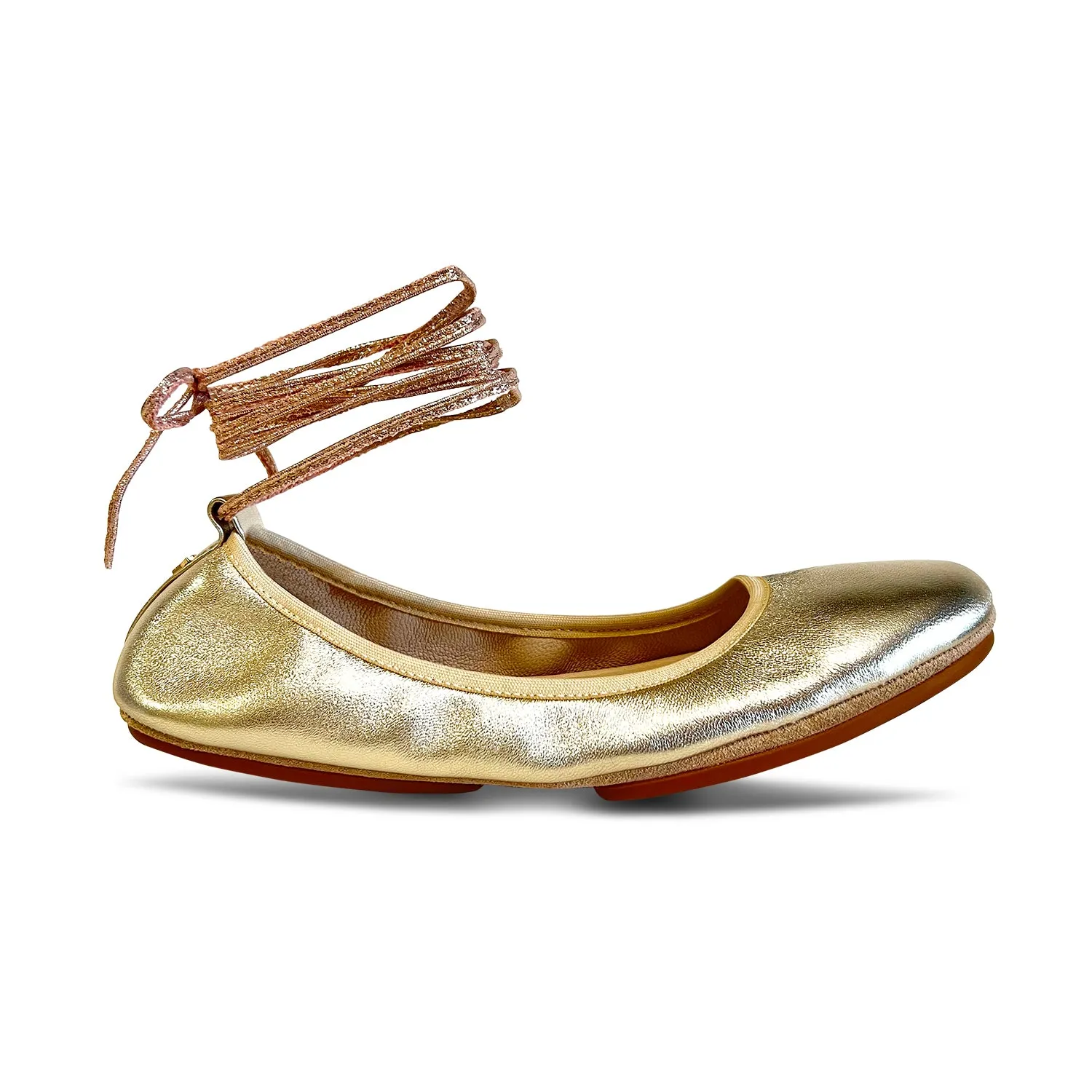 Sofia Ankle Wrap Flats in Gold Leather