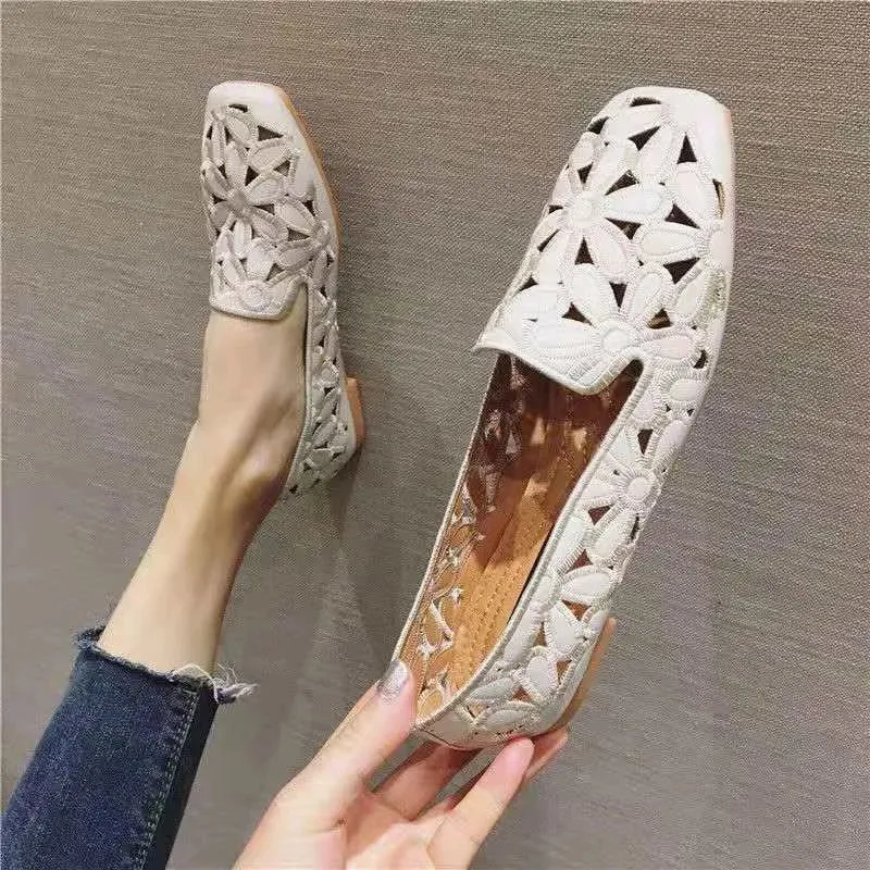 Square Toe Hollow Cut-Out Design Slip-on Women Comfortable Shoes