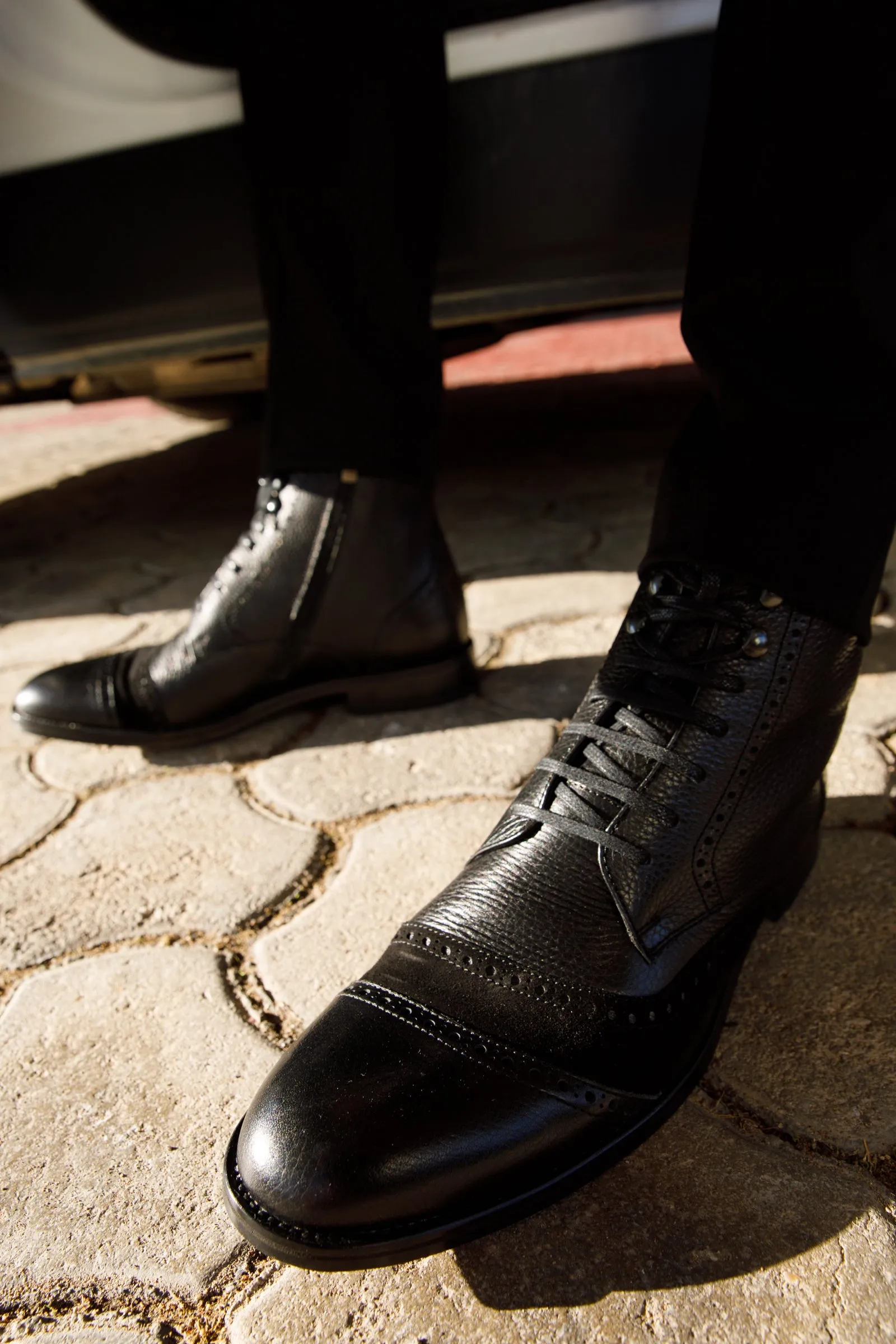 The Anderson Black Leather & Suede Brogue Lace-Up Men  Boot with a Zipper