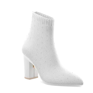 The Bootie White Knit Rhinestone   Block Heel Kit 4 White - FINAL SALE