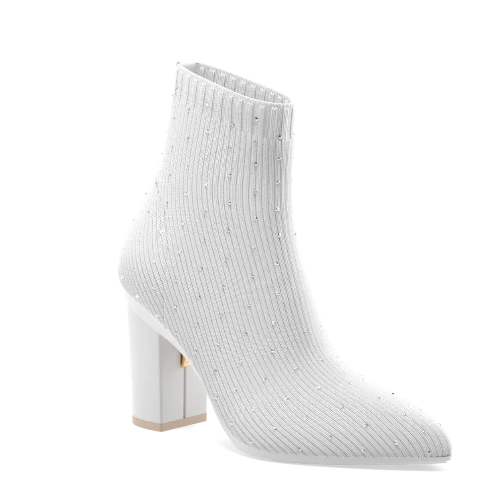 The Bootie White Knit Rhinestone   Block Heel Kit 4 White - FINAL SALE