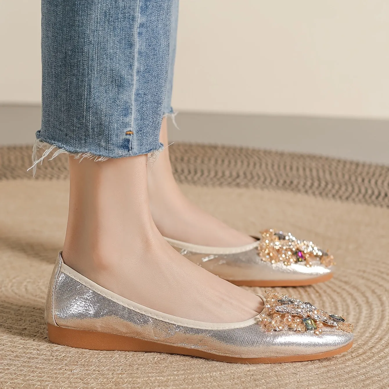 Women's Rhinestone Ballet Flats Pointed Toe Soft Sole Slip Casual Wedding Flat Shoes