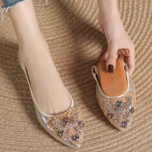 Women's Rhinestone Ballet Flats Pointed Toe Soft Sole Slip Casual Wedding Flat Shoes