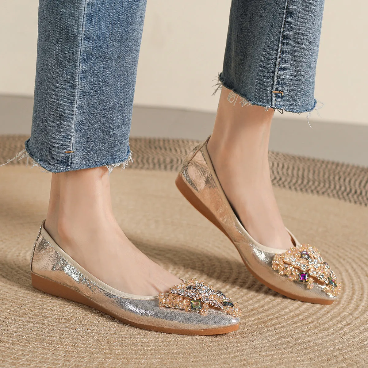 Women's Rhinestone Ballet Flats Pointed Toe Soft Sole Slip Casual Wedding Flat Shoes